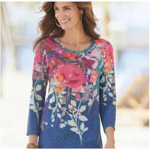 Soft Surroundings Christa Tunic Top XL Floral Sleeves Multi Colorful Scoop Neck